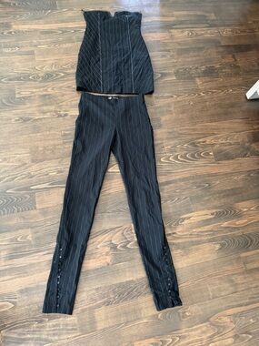 Black Pinstripe Two-Piece Corset Mini Dress & Pants Set